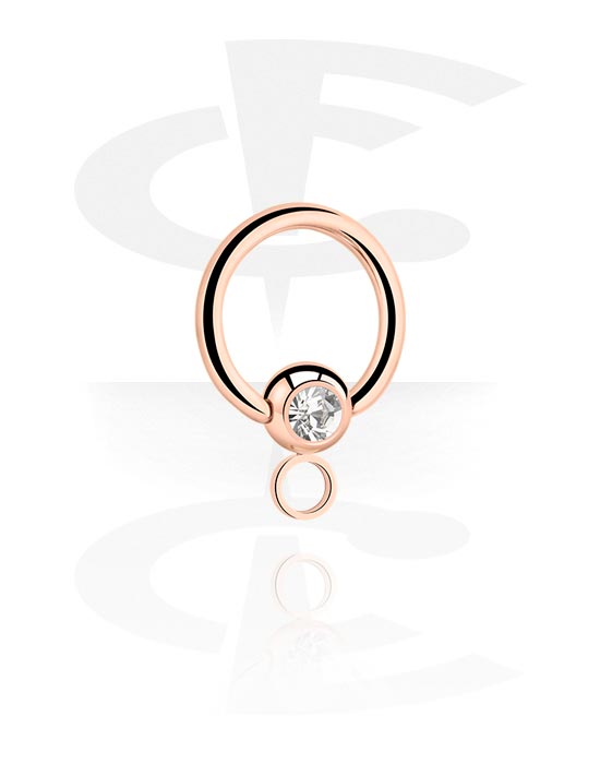 Balls, Pins & More, Ball closure ring (surgical steel, rose gold, shiny finish) with crystal stone and hoop for attachments, Rose Gold Plated Surgical Steel 316L