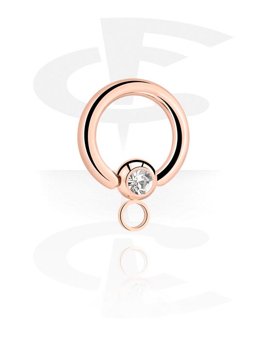 Balls, Pins & More, Ball closure ring (surgical steel, rose gold, shiny finish) with crystal stone and hoop for attachments, Rose Gold Plated Surgical Steel 316L