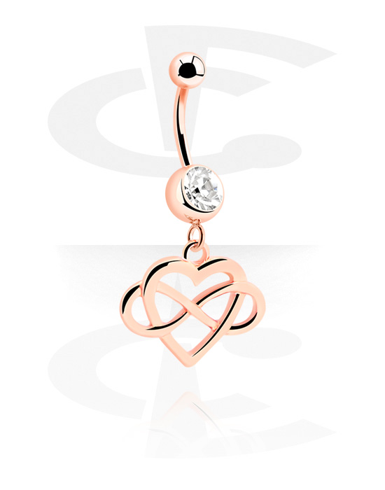 Curved Barbells, Belly button ring (surgical steel, rose gold, shiny finish) with heart charm and crystal stone, Rose Gold Plated Surgical Steel 316L
