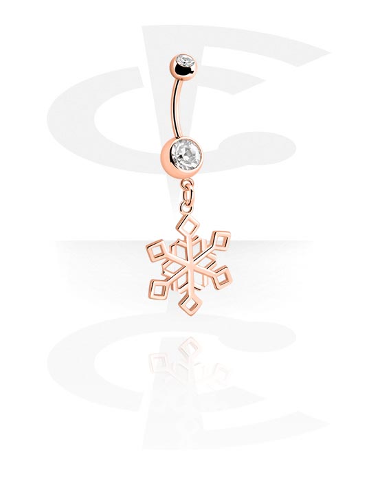 Curved Barbells, Belly button ring (surgical steel, rose gold, shiny finish) with snowflake design and crystal stones, Rose Gold Plated Surgical Steel 316L, Surgical Steel 316L