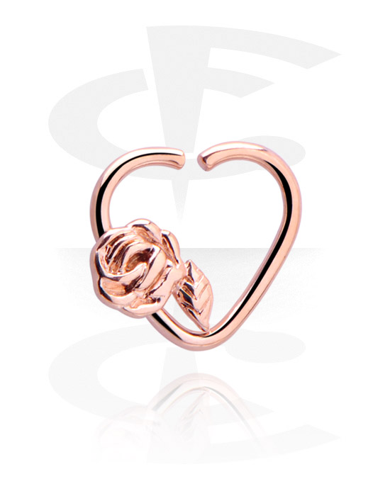 Pírsingové krúžky, Spojitý krúžok v tvare srdca (chirurgická oceľ, ružové zlato, lesklý povrch) s motív ruže, Chirurgická oceľ 316L pozlátená ružovým zlatom