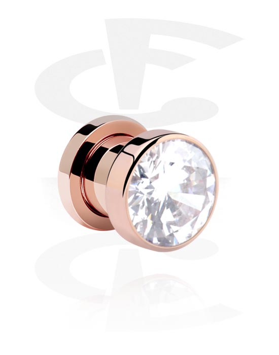 Tunnels & Plugs, Screw-on tunnel (surgical steel, rose gold, shiny finish) with crystal stone, Rose Gold Plated Surgical Steel 316L