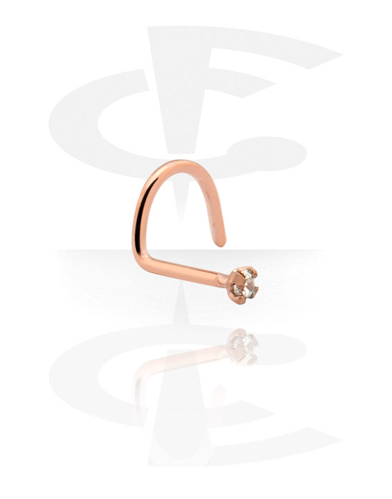 Nose Jewellery & Septums, Curved nose stud (surgical steel, rose gold, shiny finish) with crystal stone, Rose Gold Plated Surgical Steel 316L