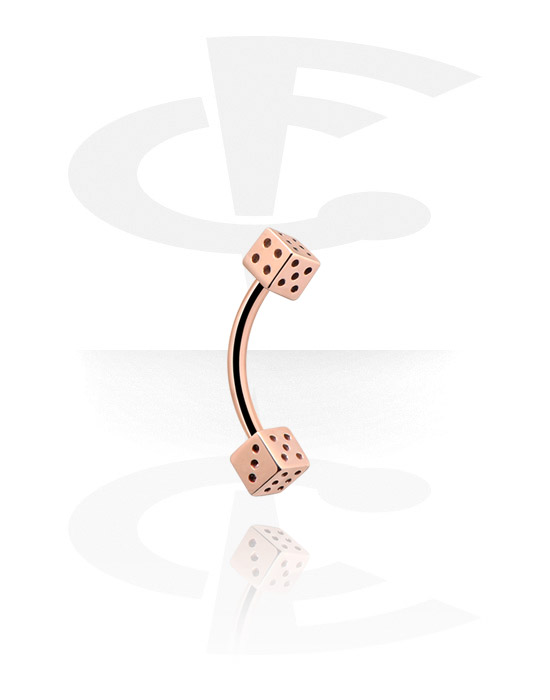 Curved Barbells, Banana (surgical steel, rose gold, shiny finish) with dice attachment, Rose Gold Plated Surgical Steel 316L, 925 Sterling Silver
