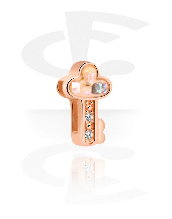 Ploché korálky, Plochý korálek pro náramky z plochých korálků s designem klíč, Chirurgická ocel 316L pozlacená růžovým zlatem