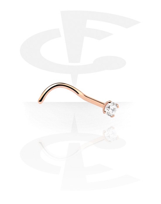 Nose Jewelry & Septums, Curved nose stud (surgical steel, rose gold, shiny finish) with crystal stone, Rose Gold Plated Surgical Steel 316L