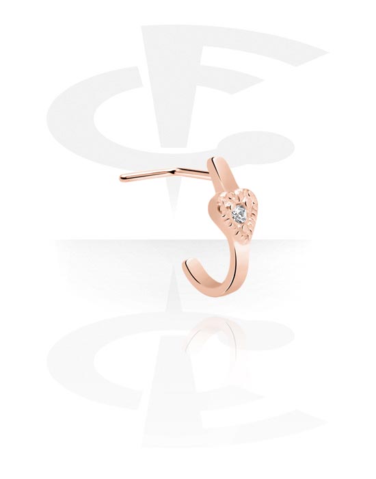 Nose Jewellery & Septums, L-shaped nose stud (surgical steel, rose gold, shiny finish) with heart attachment and crystal stone, Rose Gold Plated Surgical Steel 316L