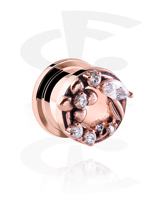Tunnels & Plugs, Screw-on tunnel (surgical steel, rose gold, shiny finish) with flower design and crystal stones, Rose Gold Plated Surgical Steel 316L
