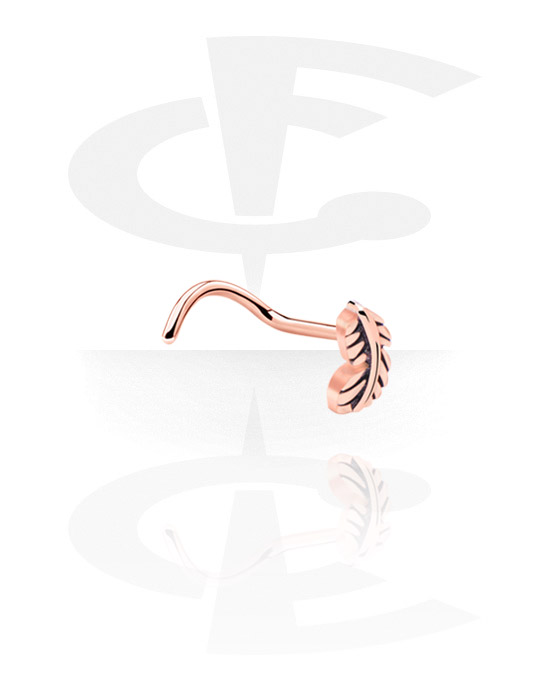 Nosovky a kroužky do nosu, Zahnutá nosovka (chirurgická ocel, růžové zlato, lesklý povrch) s koncovkou pírko, Chirurgická ocel 316L pozlacená růžovým zlatem
