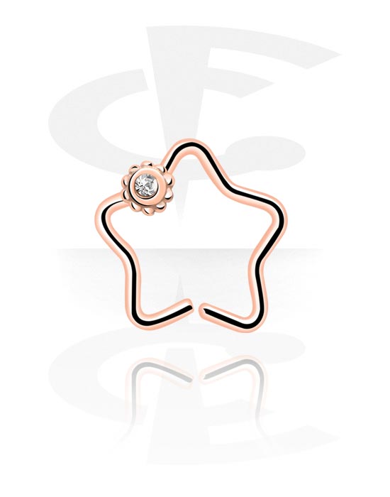 Piercing Rings, Star-shaped continuous ring (surgical steel, rose gold, shiny finish) with crystal stone, Rose Gold Plated Stainless Steel 316L