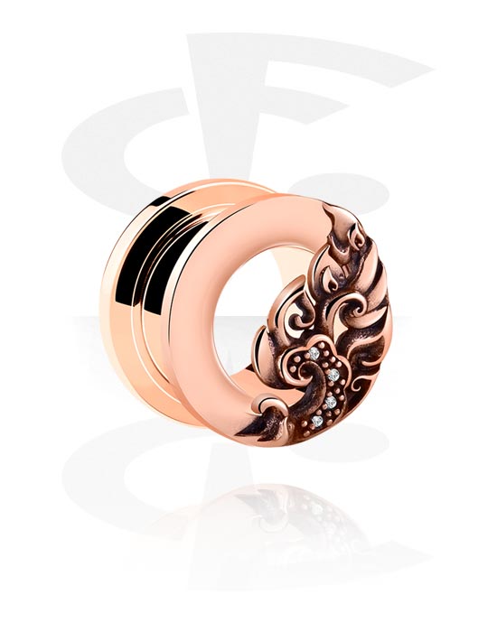 Tunnels & Plugs, Screw-on tunnel (surgical steel, rose gold, shiny finish) with leaf design and crystal stones, Rose Gold Plated Surgical Steel 316L