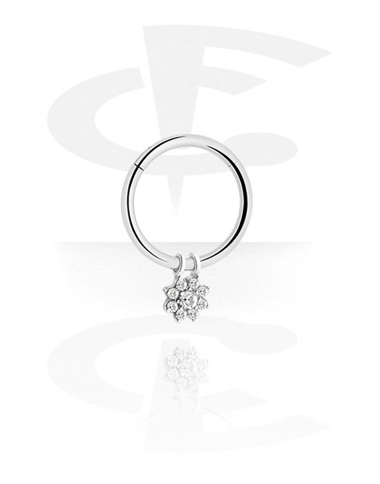 Anéis piercing, Multi-purpose clicker (aço cirúrgico, prata, acabamento brilhante) com pendente flor e pedras de cristal, Aço cirúrgico 316L