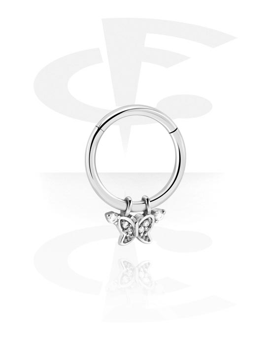 Piercing Ringe, Piercing-clicker (kirurgisk stål, sølv, blank finish) med Charm med sommerfugl og krystaller, Kirurgisk stål 316L