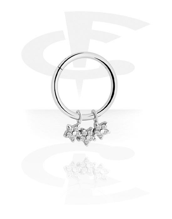Anéis piercing, Multi-purpose clicker (aço cirúrgico, prata, acabamento brilhante) com pendente flor e pedras de cristal, Aço cirúrgico 316L