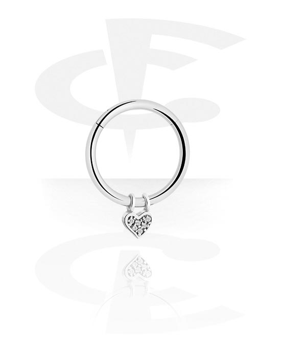 Anéis piercing, Multi-purpose clicker (aço cirúrgico, prata, acabamento brilhante) com pendente coração e pedras de cristal, Aço cirúrgico 316L
