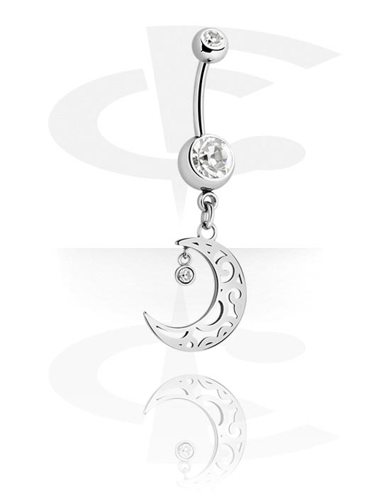Curved Barbells, Belly button ring (surgical steel, silver, shiny finish) with crystal stones and half moon charm, Surgical Steel 316L