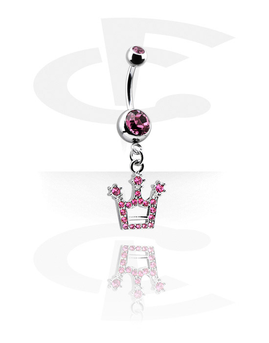 Curved Barbells, Belly button ring (surgical steel, silver, shiny finish) with crown charm and crystal stones, Surgical Steel 316L