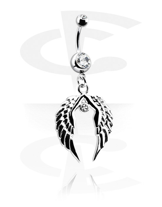 Curved Barbells, Belly button ring (surgical steel, silver, shiny finish) with wing charm and crystal stones, Surgical Steel 316L