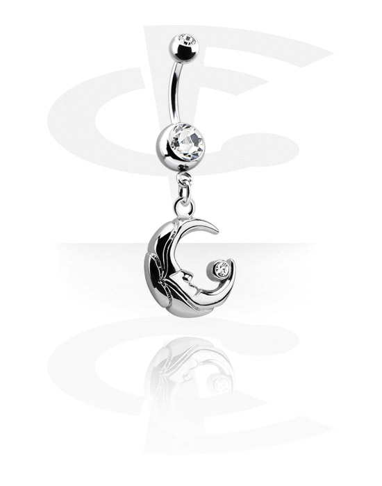 Curved Barbells, Banana with moon charm, Surgical Steel 316L, Plated Brass