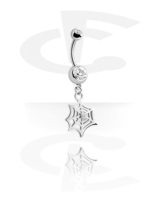 Curved Barbells, Belly button ring (surgical steel, silver, shiny finish) with spiderweb charm and crystal stones, Surgical Steel 316L