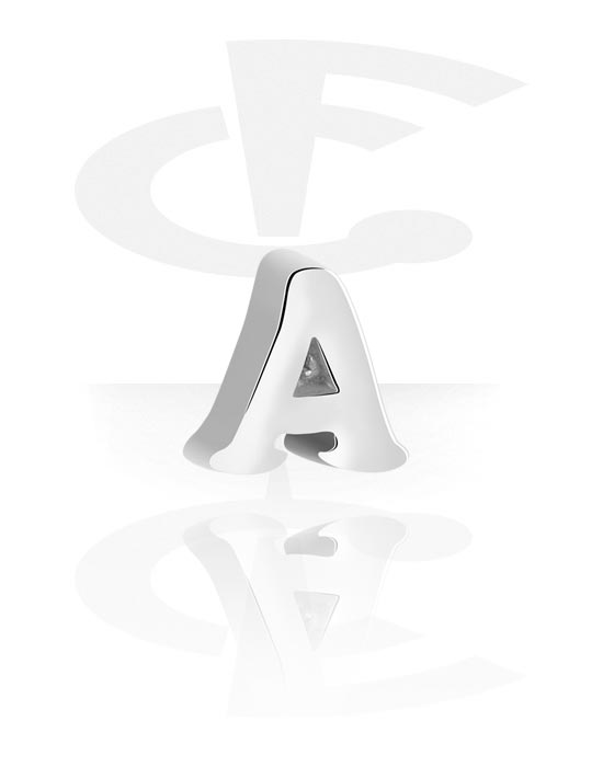 Kugler, stave m.m., Vedhæng til 1,6 mm stav med gevind (kirurgisk stål, sølv, blank finish) med bogstavet A, Kirurgisk stål 316L