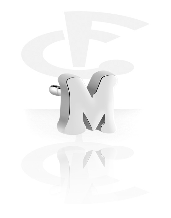 Kugler, stave m.m., Vedhæng til 1,6 mm stav med gevind (kirurgisk stål, sølv, blank finish) med bogstavet M, Kirurgisk stål 316L