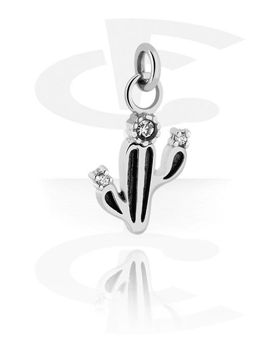 Balls, Pins & More, Charm (surgical steel, silver, shiny finish) with cactus design and crystal stones, Surgical Steel 316L