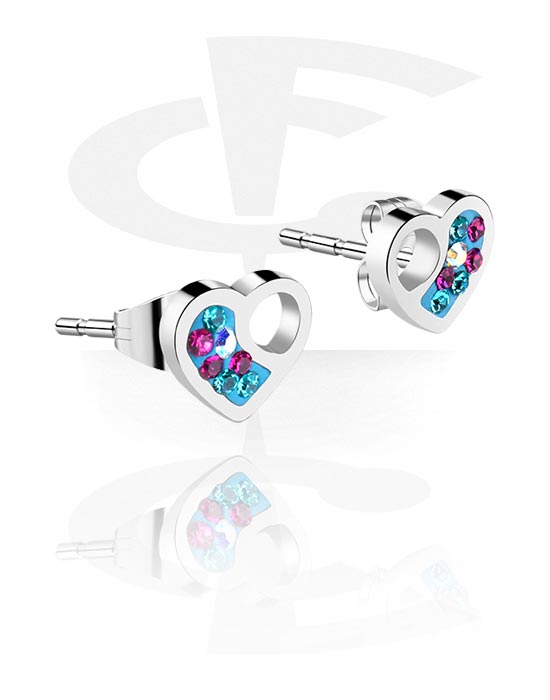 Earrings, Studs & Shields, Ear Studs with heart design and crystal stones, Surgical Steel 316L