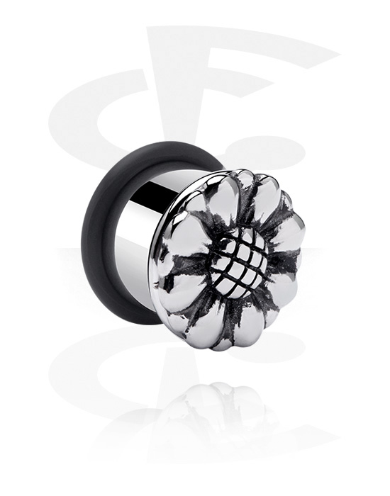 Tunnels & Plugs, Single flared tunnel (surgical steel, silver, shiny finish) with flower attachment and O-ring, Surgical Steel 316L