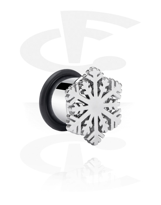Tunnels & Plugs, Single flared tunnel (chirurgisch staal, zilver, glanzende afwerking) met Accessoire met sneeuwvlok en O-ring, Chirurgisch staal 316L