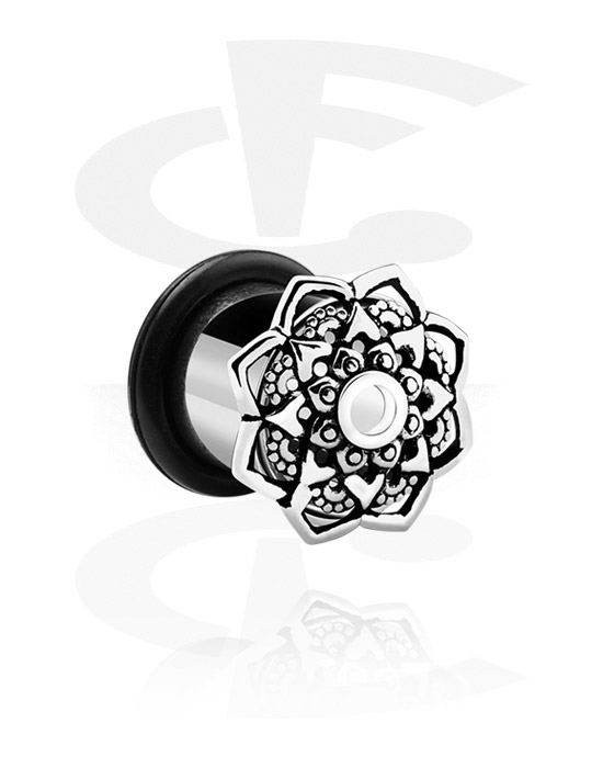 Tunnels & Plugs, Single flared tunnel (surgical steel, silver, shiny finish) with mandala attachment and O-ring, Surgical Steel 316L