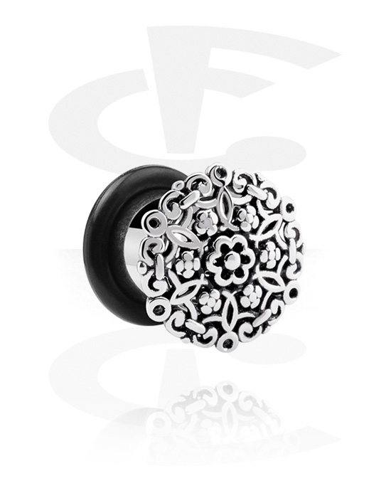 Tunnels & Plugs, Single flared tunnel (surgical steel, silver, shiny finish) with flower design and O-ring, Surgical Steel 316L