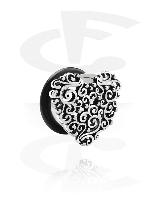 Tunnels & Plugs, Single flared tunnel (surgical steel, silver, shiny finish) with heart attachment and O-ring, Surgical Steel 316L