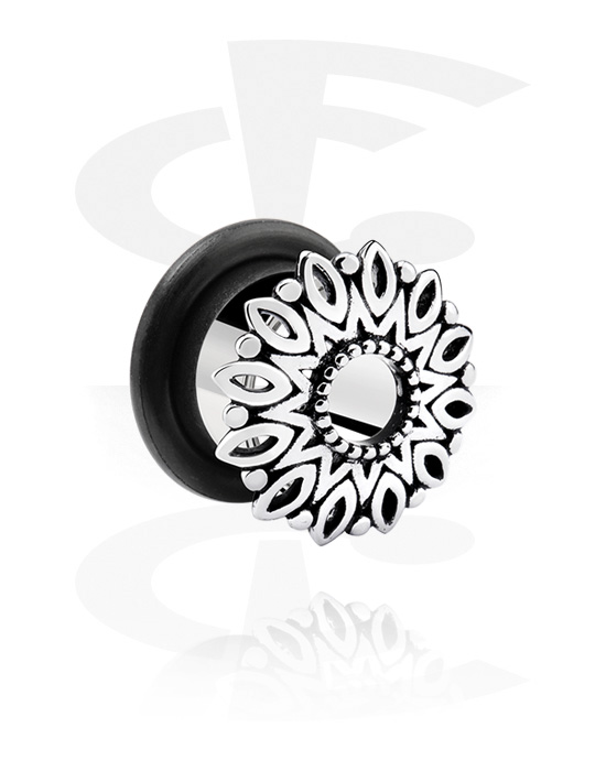 Tunnels & Plugs, Single flared tunnel (surgical steel, silver, shiny finish) with mandala design and O-ring, Surgical Steel 316L