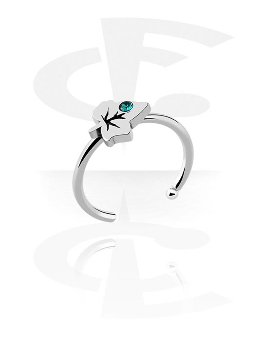 Näspiercingar, Open nose ring (surgical steel, silver, shiny finish) med löv-design och kristallsten, Kirurgiskt stål 316L