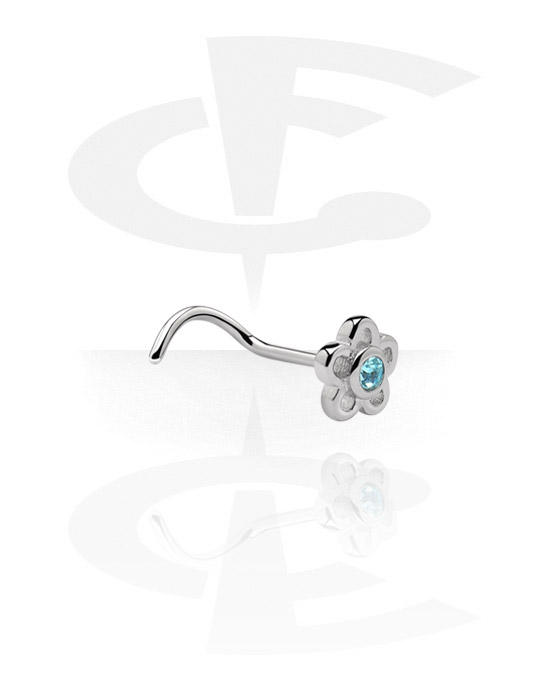 Nose Jewelry & Septums, Curved nose stud (surgical steel, silver, shiny finish) with flower attachment and crystal stone, Surgical Steel 316L
