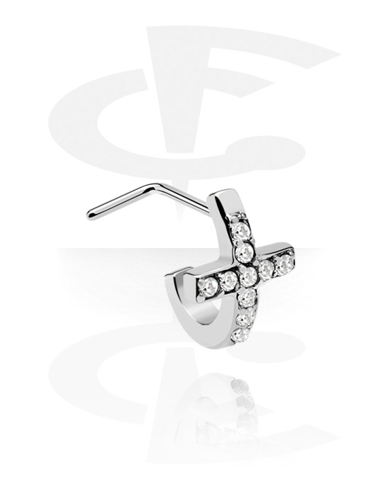Nesestaver og -ringer, L-formet nesedobb (kirurgisk stål, sølv, skinnende finish) med krystallsteiner