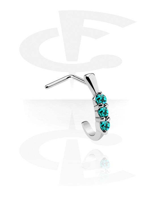 Nose Jewellery & Septums, L-shaped nose stud (surgical steel, silver, shiny finish) with crystal stones, Surgical Steel 316L