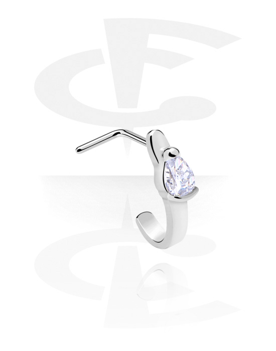 Nose Jewellery & Septums, L-shaped nose stud (surgical steel, silver, shiny finish) with crystal stone, Surgical Steel 316L