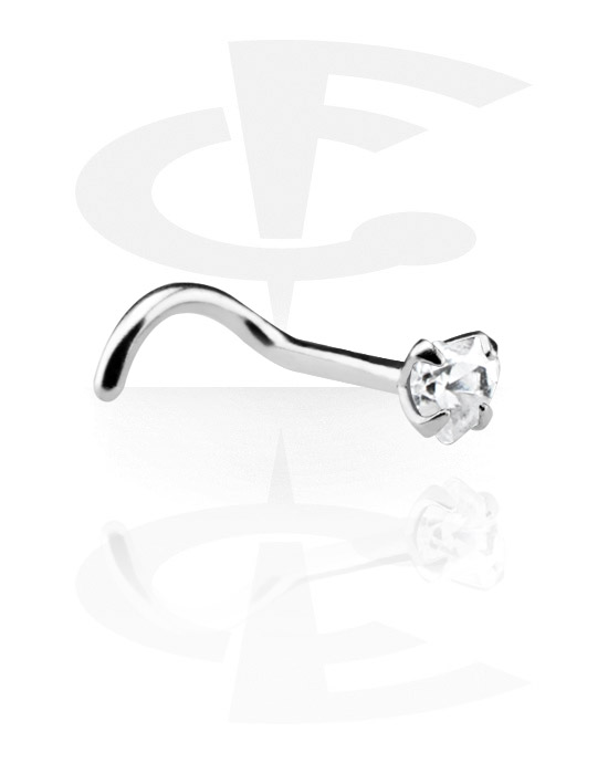 Nosovky a kroužky do nosu, Zahnutá nosovka (chirurgická ocel, stříbrná, lesklý povrch) s krystalovým kamínkem, Chirurgická ocel 316L