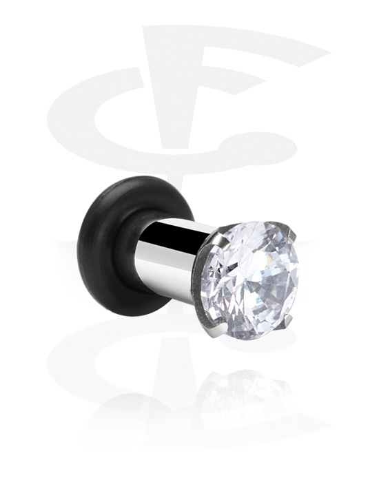 Tunnels & Plugs, Single flared tunnel (surgical steel, silver, shiny finish) with crystal stone and O-ring, Surgical Steel 316L