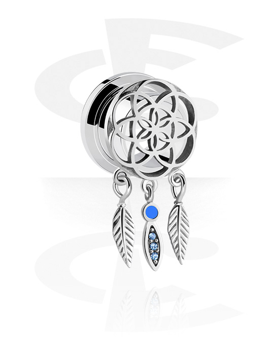 Tunnels & Plugs, Screw-on tunnel (surgical steel, silver, shiny finish) with dreamcatcher charm and crystal stones, Surgical Steel 316L