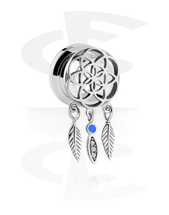 Tunnels & Plugs, Screw-on tunnel (surgical steel, silver, shiny finish) with dreamcatcher charm and crystal stones, Surgical Steel 316L