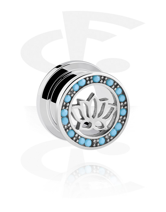 Tunnels & Plugs, Screw-on tunnel (surgical steel, silver, shiny finish) with lotus flower design, Surgical Steel 316L