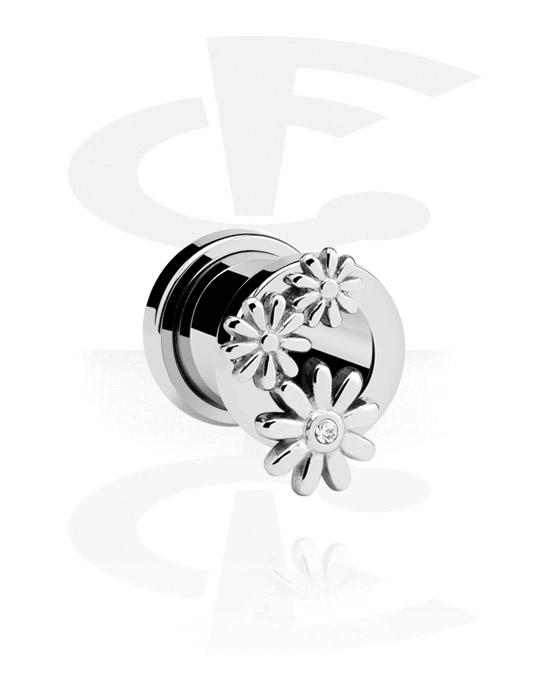 Tunnels & Plugs, Screw-on tunnel (surgical steel, silver, shiny finish) with flower design and crystal stone, Surgical Steel 316L