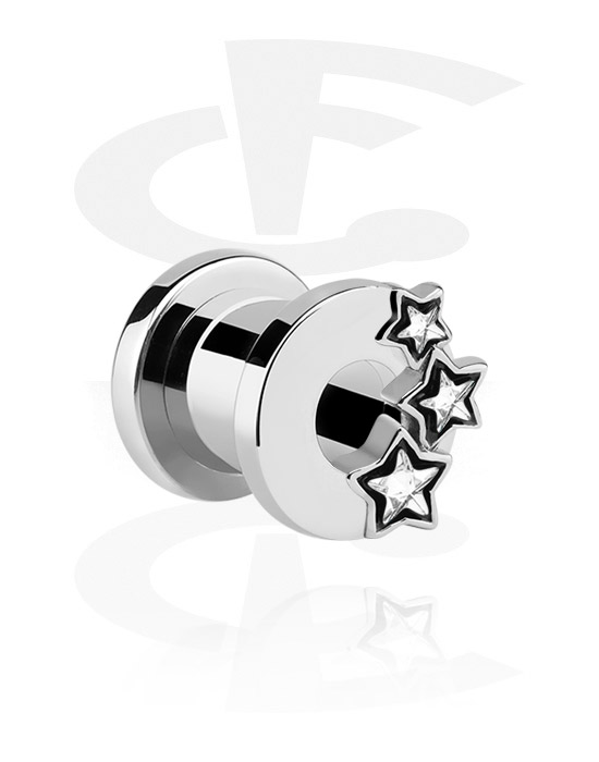 Tunnels & Plugs, Screw-on tunnel (surgical steel, silver, shiny finish) with star design and crystal stones, Surgical Steel 316L