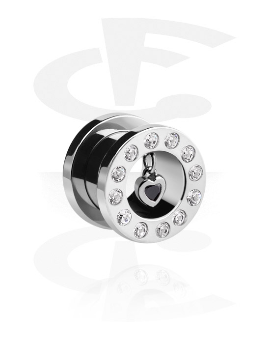 Tunnels & Plugs, Screw-on tunnel (surgical steel, silver, shiny finish) with heart charm and crystal stones, Surgical Steel 316L