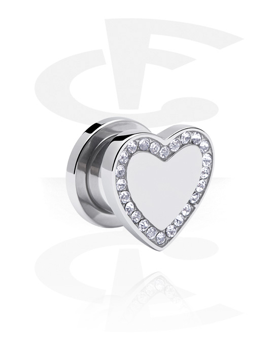 Tunnels & Plugs, Screw-on tunnel (surgical steel, silver, shiny finish) with heart attachment and crystal stones, Surgical Steel 316L