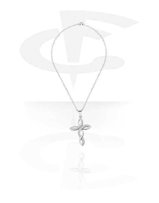 Halsketten, Modische Halskette mit Kreuz-Anhänger und Kristallsteinchen, Chirurgenstahl 316L