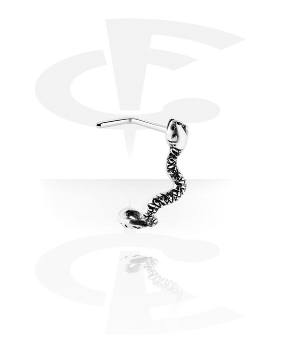 Nose Jewellery & Septums, L-shaped nose stud (surgical steel, silver, shiny finish) with snake design, Surgical Steel 316L